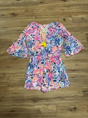 Lilly Pulitzer Multicolor Pink, Blue & Yellow Floral Romper with Tassel